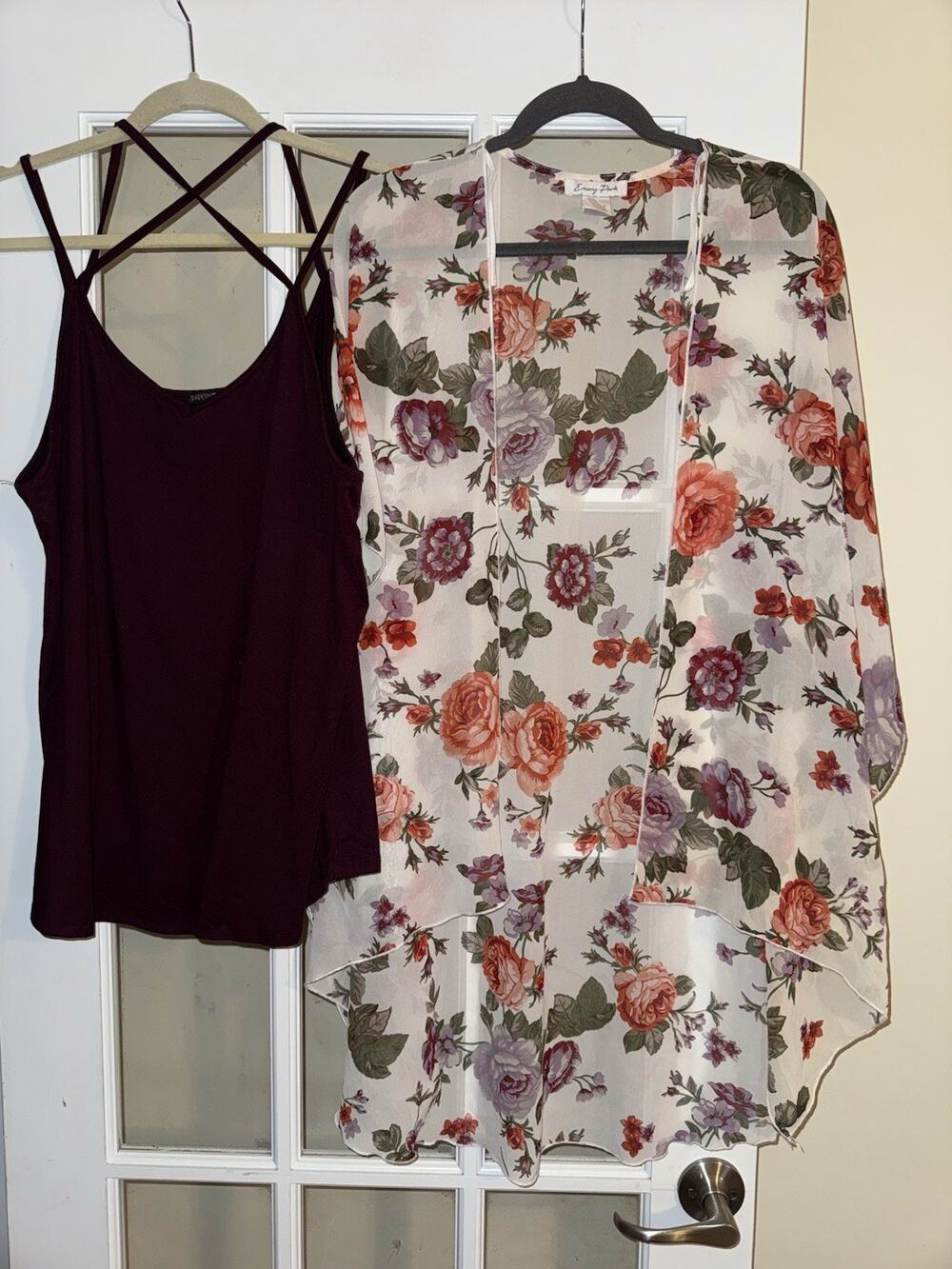 Emory Park 1XL Floral Kimono & Papermoon Burgundy Strappy Cami Tank Set Boho